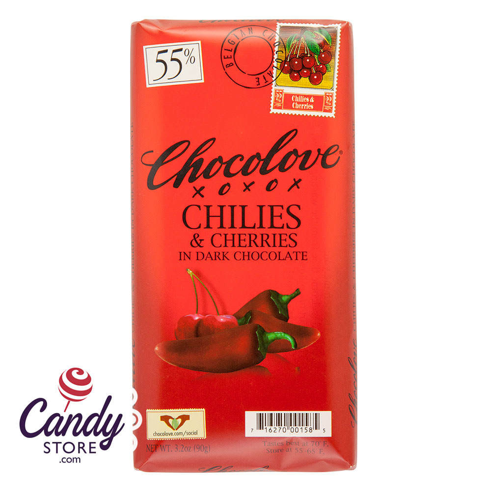 Chocolove Xoxo Chilis & Cherries Dark Chocolate Bars - 12ct