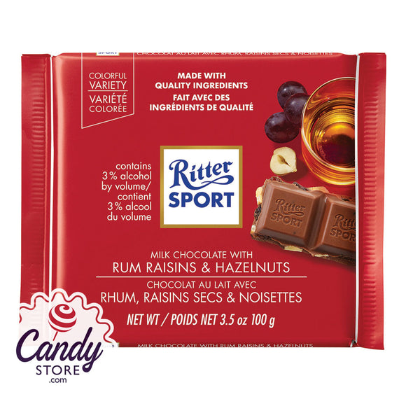 Ritter Sport Bar Milk Chocolate With Rum Raisins & Hazelnuts 3.5oz - 12ct CandyStore.com