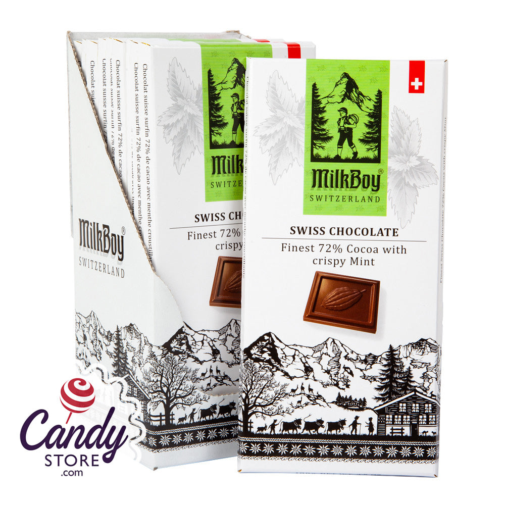 Milkboy 72% Swiss Dark Choc Bars 10ct, Crispy Mint - CandyStore.com