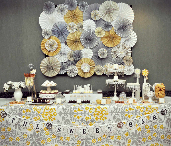 yellow and grey candy buffet
