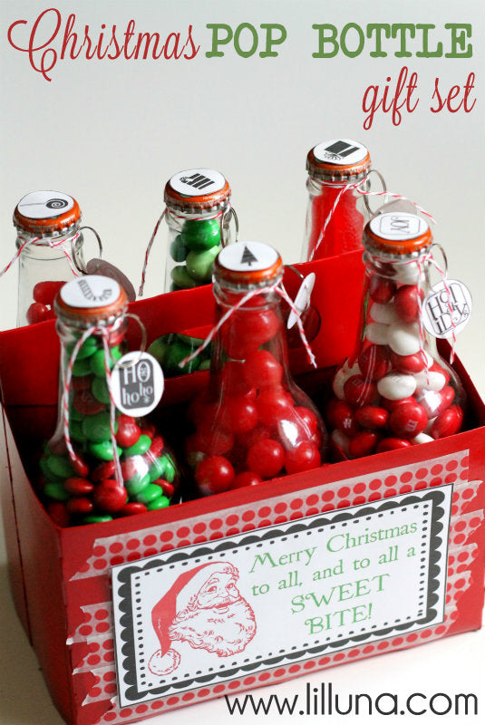 DIY stocking stuffer for Christmas with soda bottles and M&Ms