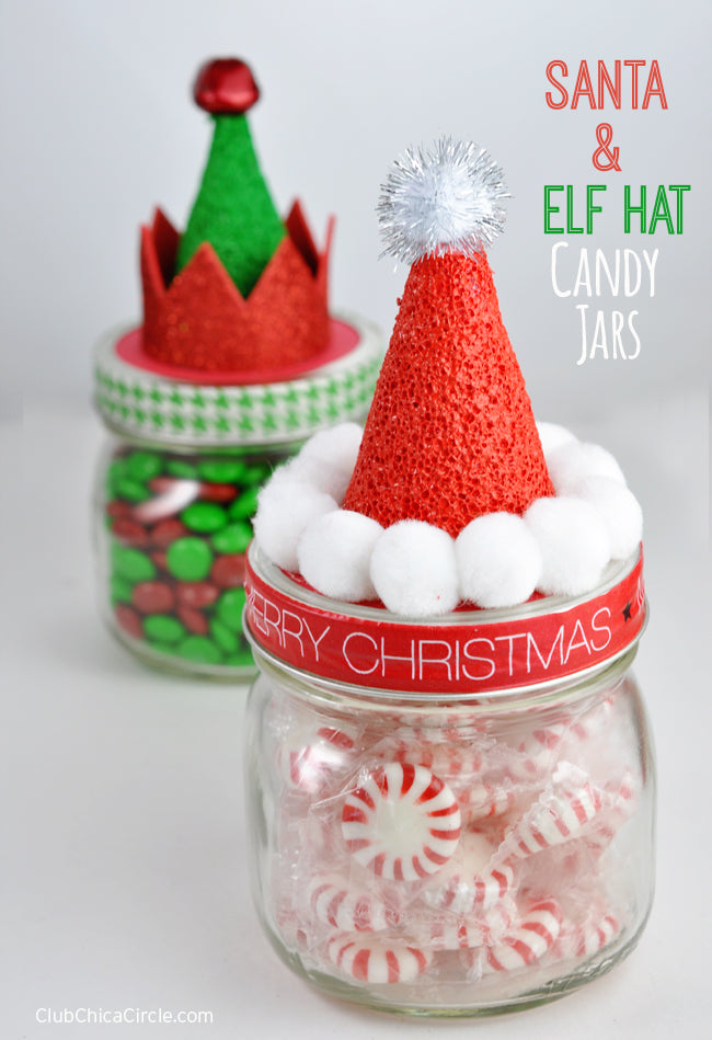 Christmas DIY santa hat and elf hat candy jars