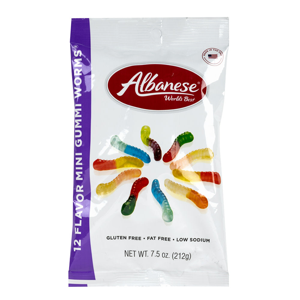 ALBANESE 12 FLAVOR MINI GUMMI WORMS 7.5 OZ PEG BAG *SF DC ONLY*