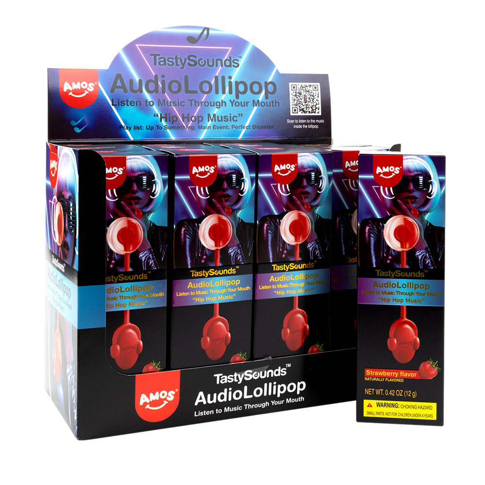 AMOS TASTYSOUNDS STRAWBERRY HIP HOP MUSIC AUDIO LOLLIPOP 0.42 OZ BOX