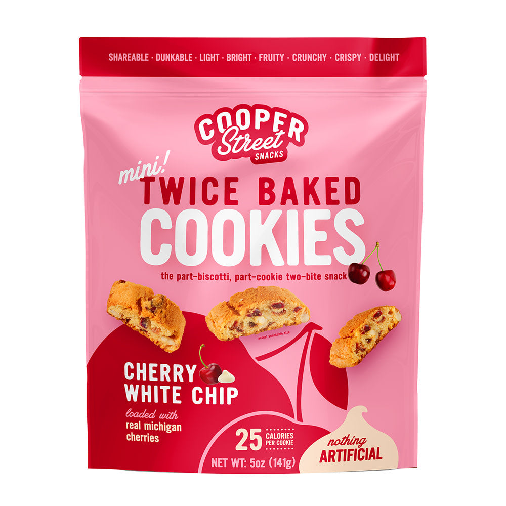 COOPER STREET CHERRY WHITE CHUNK TWICE BAKED COOKIES 5 OZ POUCH