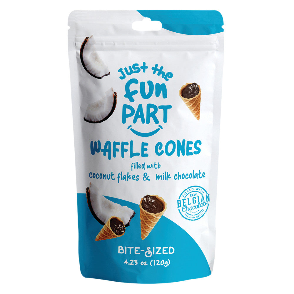 JUST THE FUN PART BITE SIZED WAFFLE CONES FILLED WITH COCONUT FLAKES &amp; MILK CHOCOLATE 4.23 OZ PEG BAG