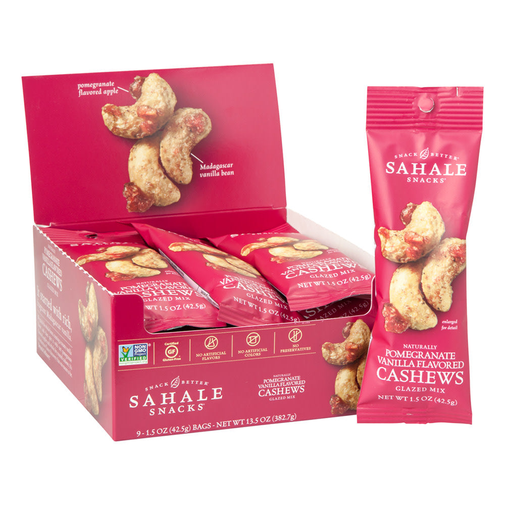 SAHALE POMEGRANATE VANILLA FLAVORED CASHEWS 1.5 OZ BAG