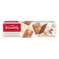 KAMBLY SWISS BUTTERFLY AU CHOCOLAT EXTRA THIN BUTTER BISCUITS WITH HAZELNUT SLICES AND MILK CHOCOLATE 3.5 OZ BOX