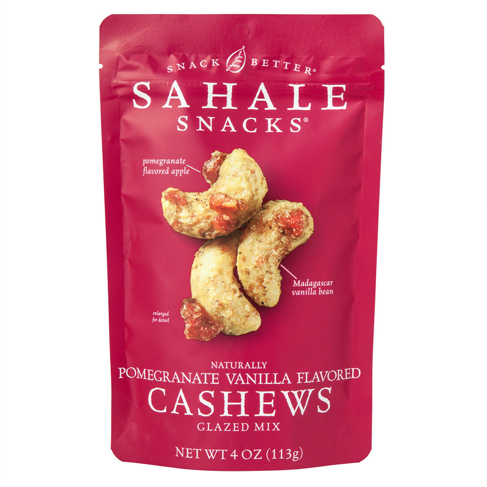 SAHALE GLAZED POMEGRANATE VANILLA FLAVORED CASHEWS 4 OZ POUCH