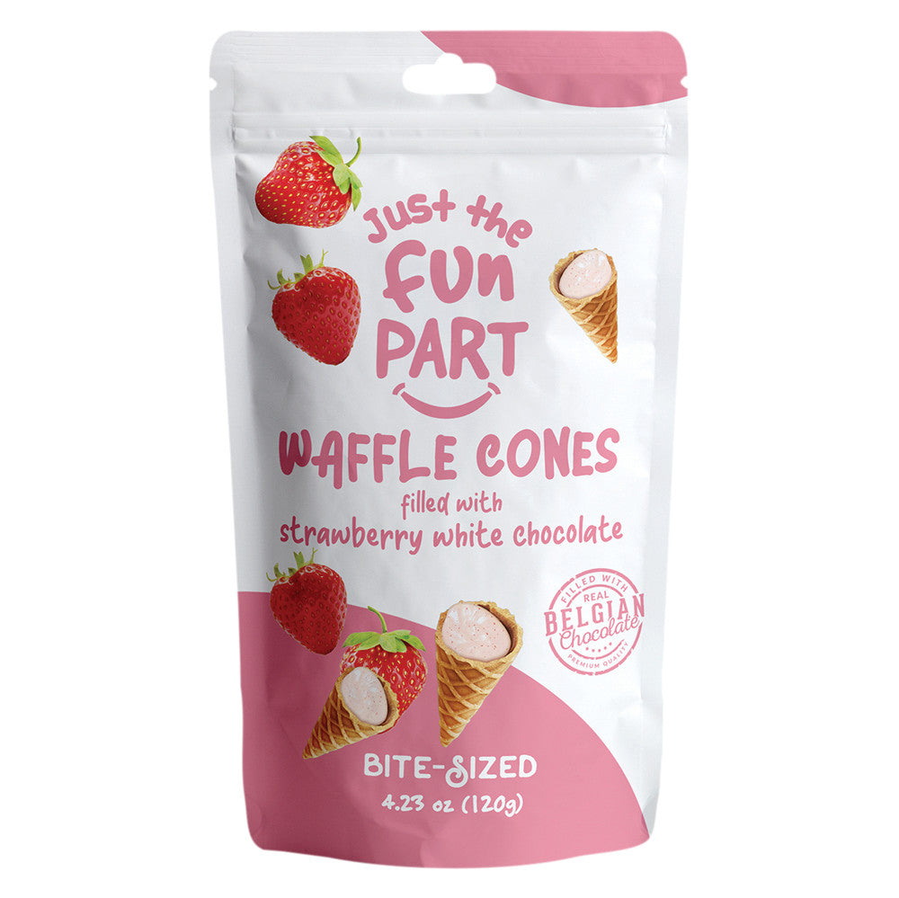 JUST THE FUN PART BITE SIZE WAFFLE CONES FILLED WITH STRAWBERRY WHITE CHOCOLATE 4.23 OZ PEG BAG