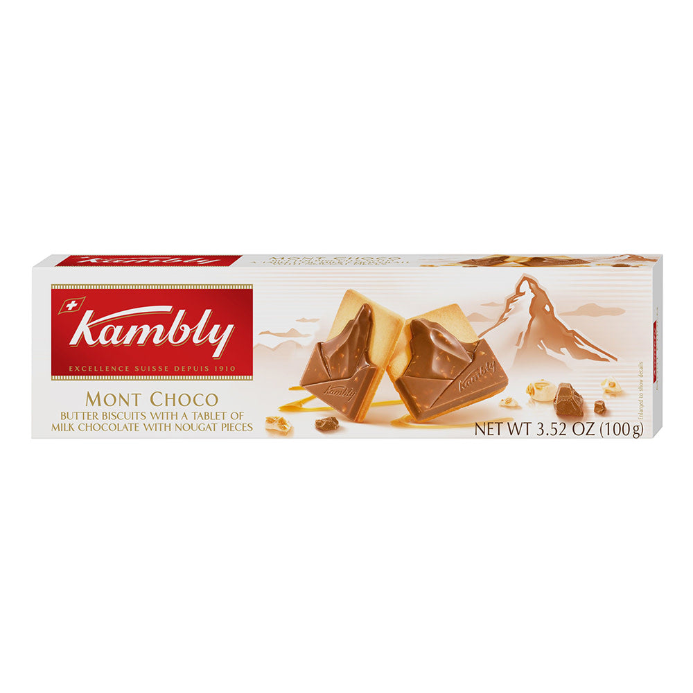 KAMBLY MONT CHOCO BUTTER BISCUITS WITH A TABLET OF MILK CHOCOLATE WITH NOUGAT PIECES 3.5 OZ BOX