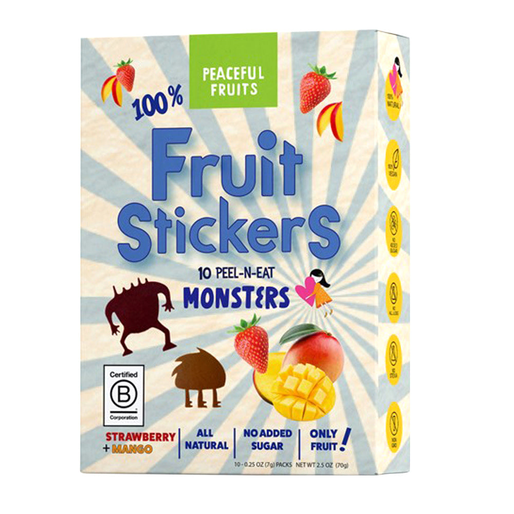 PEACEFUL FRUITS STRAWBERRY MANGO MONSTERS FRUIT STICKERS 10 COUNT 2.5 OZ BOX