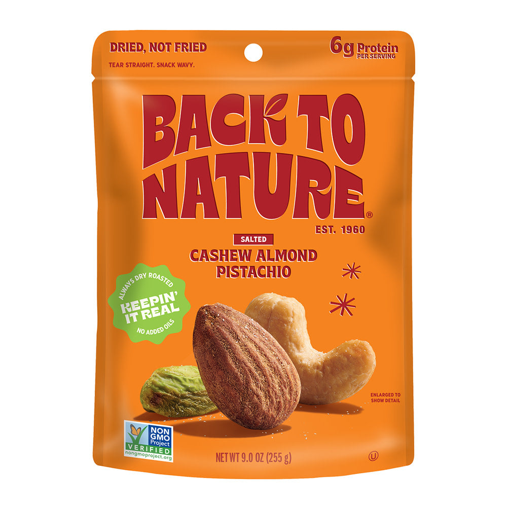 BACK TO NATURE SALTED CASHEW ALMOND PISTACHIO MIX 9 OZ POUCH