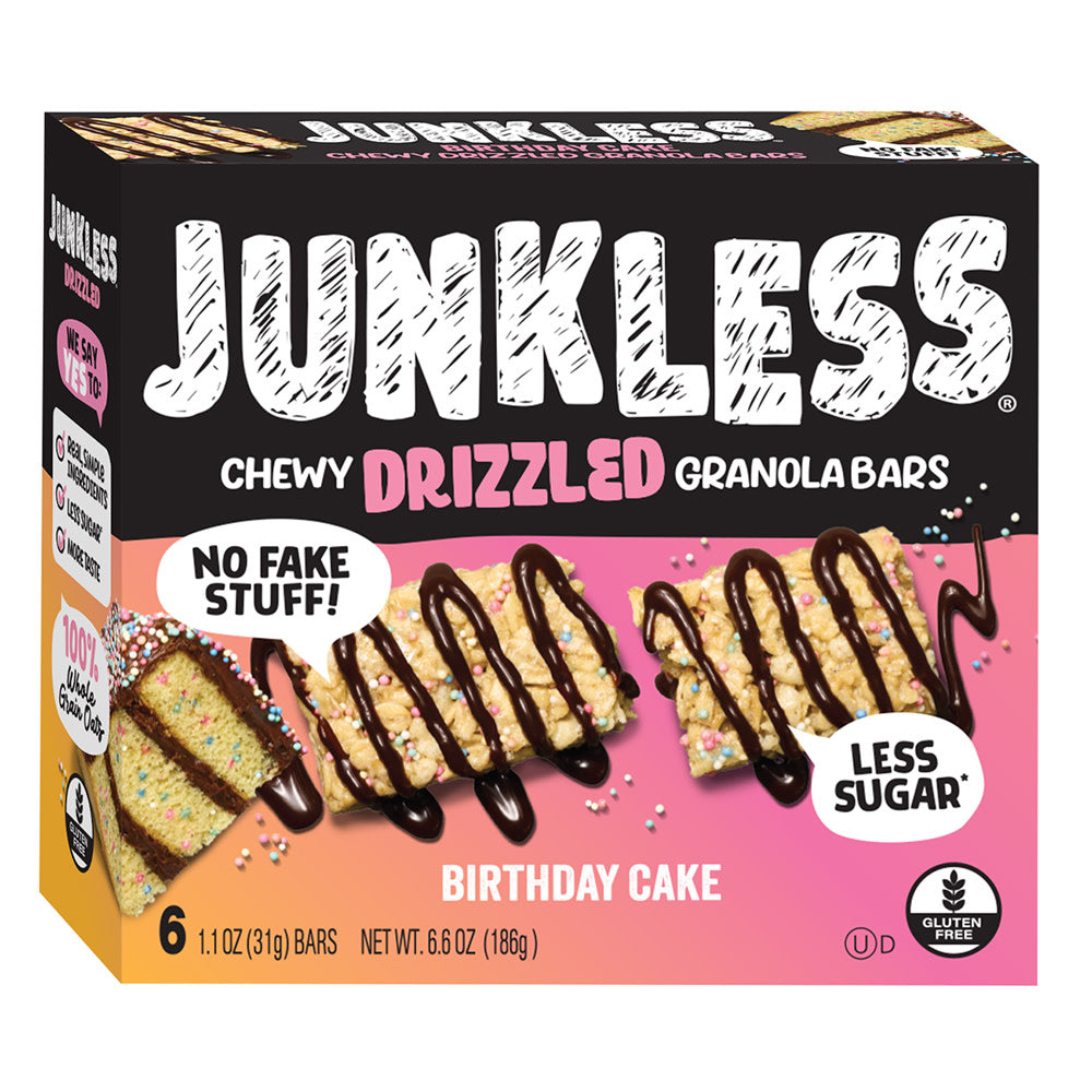 JUNKLESS CHEWY DRIZZLED GRANOLA BARS BIRTHDAY CAKE 6.6 OZ BOX 6 COUNT