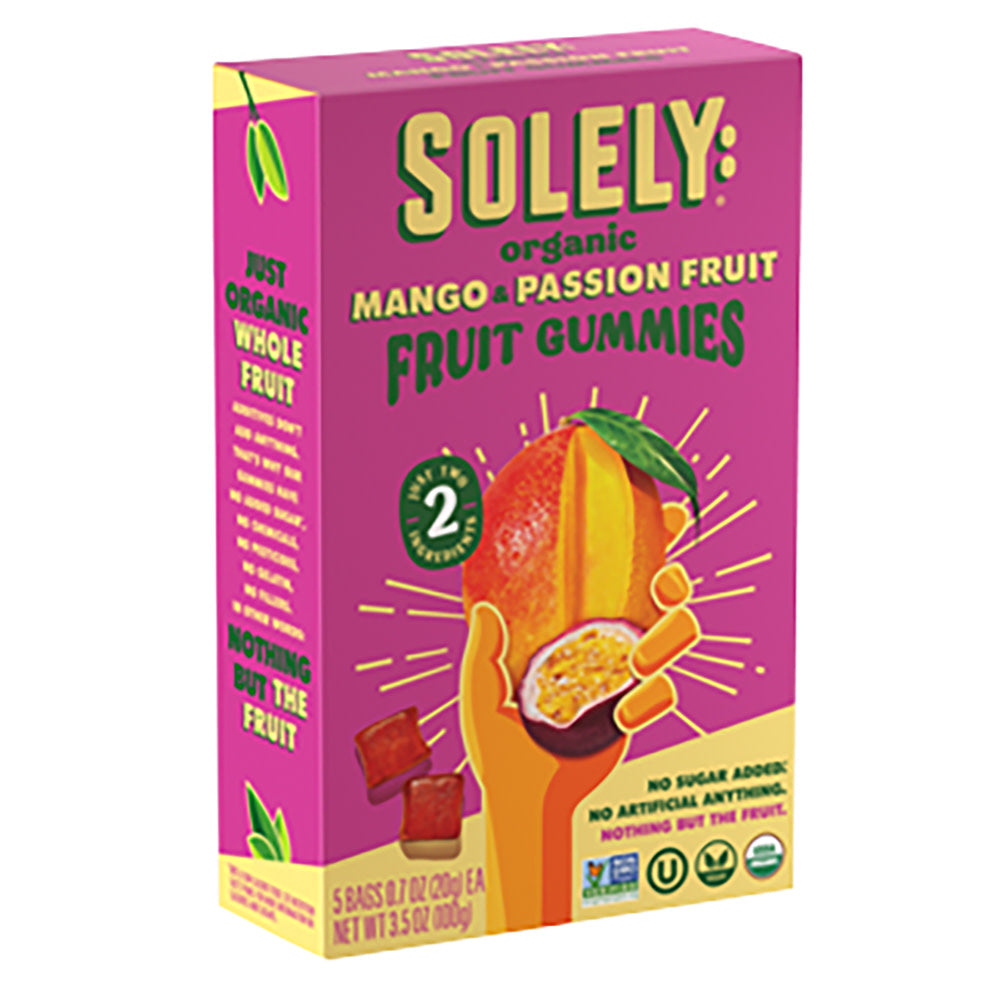 SOLELY ORGANIC MANGO &amp; PASSIONFRUIT FRUIT GUMMIES 5 COUNT 3.5 OZ BOX