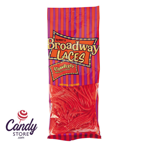 Broadway Laces Strawberry Licorice 4oz Peg Bag - 12ct CandyStore.com