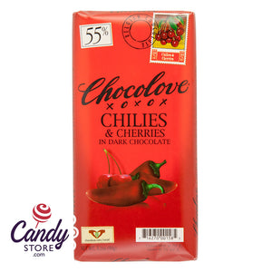 Chocolove Xoxo Chilis & Cherries Dark Chocolate Bars - 12ct CandyStore.com