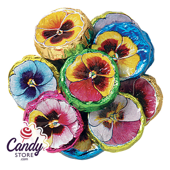 Madelaine Milk Chocolate Foiled Pansies - 5lb CandyStore.com