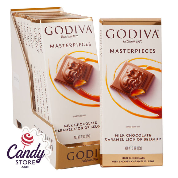 Masterpieces Milk Godiva Chocolate Caramel Lion 3oz Tablet Bar - 10ct CandyStore.com