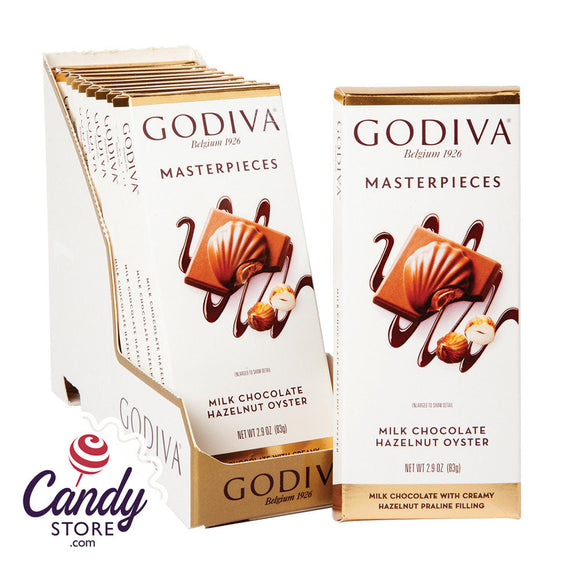 Masterpieces Milk Godiva Chocolate Hazelnut Oyster 3oz Tablet Bar - 10ct CandyStore.com