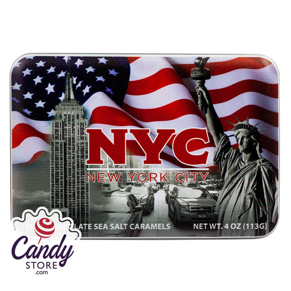 NYC Souvenir American Flag Milk Chocolate Sea Salt Caramel 4.02oz Tin - 9ct CandyStore.com