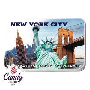 NYC Souvenir NYC Collage Milk Chocolate Sea Salt Caramel 4.02oz Tin - 9ct CandyStore.com