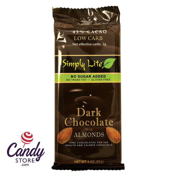 Simply Lite No Sugar Added Dark Chocolate Almond 3oz Bar - 9ct CandyStore.com