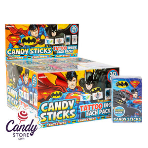 Superman & Batman Candy Sticks with Tattoos - 30ct